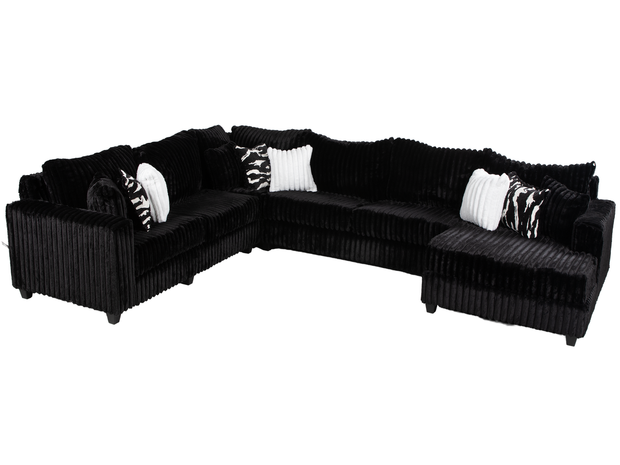 Modern Black Plush Corduroy 4 Piece Sectional Sofa with LAF Sofa, 2 Armless Chairs, RAF Chaise & 9 Pillows