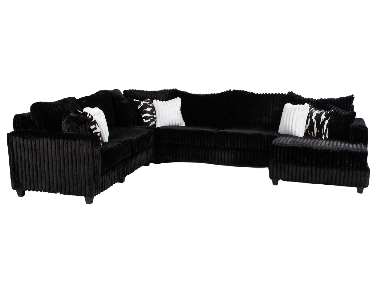 Modern Black Plush Corduroy 4 Piece Sectional Sofa with LAF Sofa, 2 Armless Chairs, RAF Chaise & 9 Pillows
