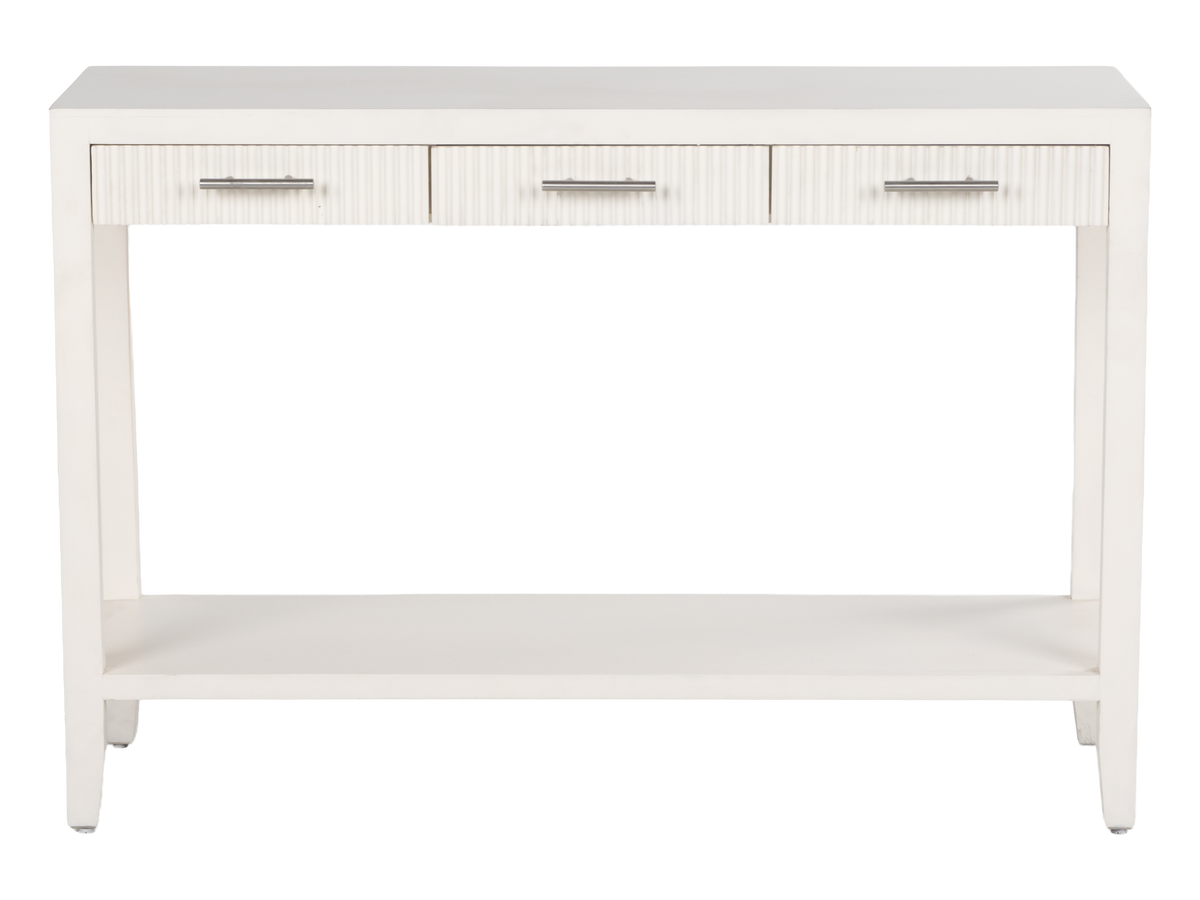 White Coastal Contemporary Fluted Console Table with 3 Drawers & Shelf