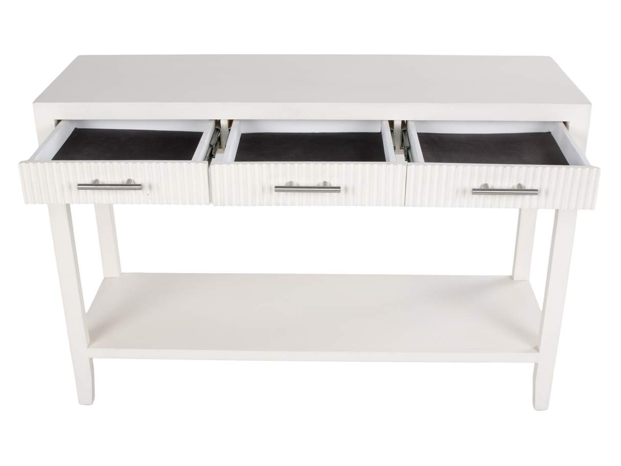 White Coastal Contemporary Fluted Console Table with 3 Drawers & Shelf