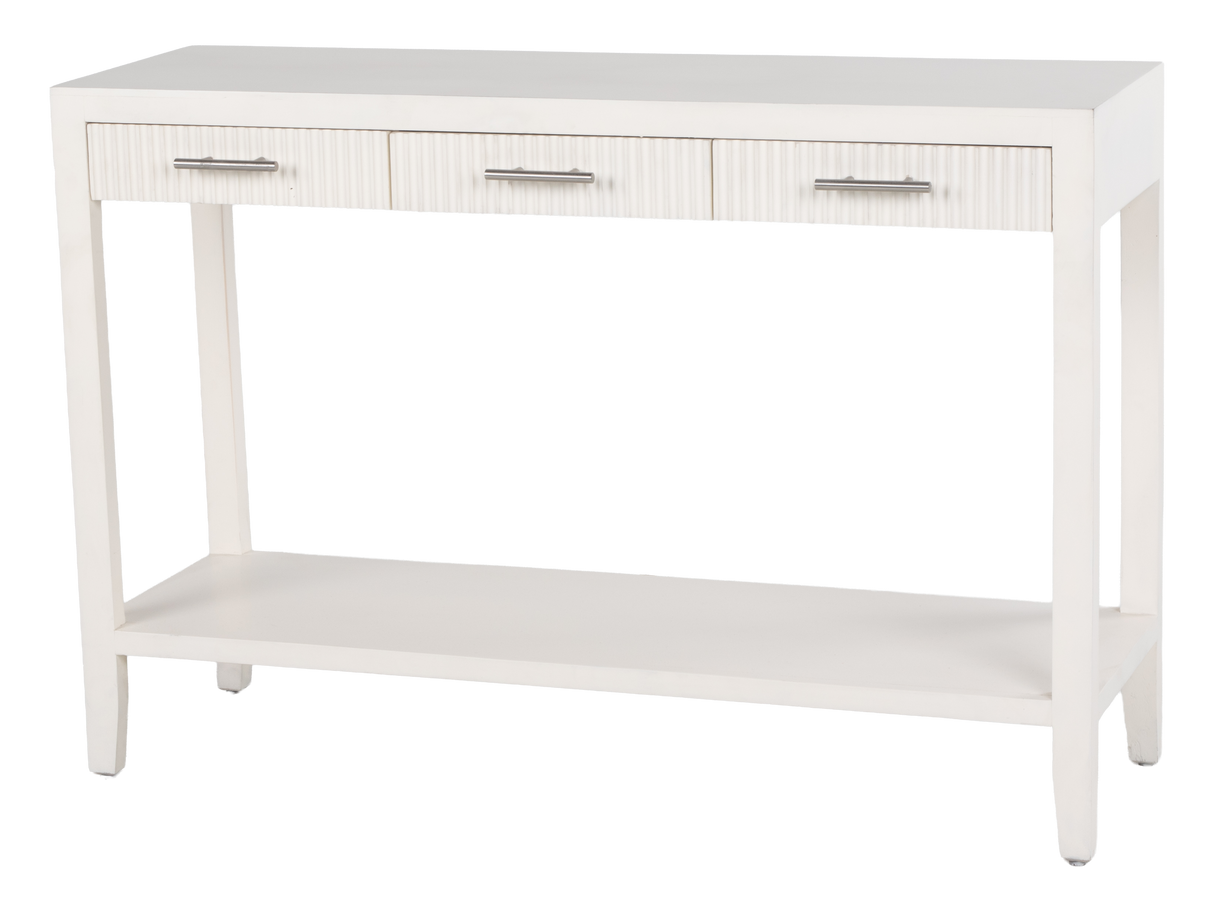 White Coastal Contemporary Fluted Console Table with 3 Drawers & Shelf