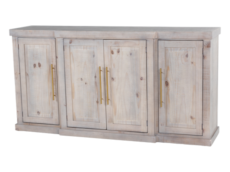 Wooden cabinet with four doors and gold handles on a white background