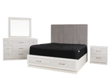 Modern White 6-Piece Storage Bedroom Set with Gray Upholstered Headboard & LED Lighting