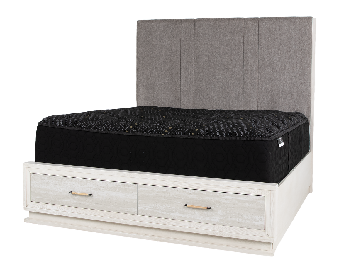 Modern White 6-Piece Storage Bedroom Set with Gray Upholstered Headboard & LED Lighting