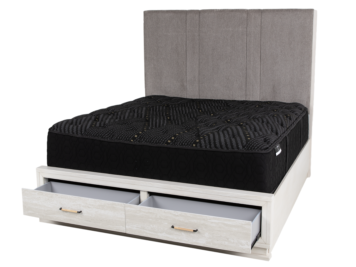 Modern White 6-Piece Storage Bedroom Set with Gray Upholstered Headboard & LED Lighting