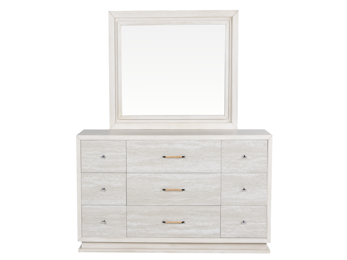Modern White 6-Piece Storage Bedroom Set with Gray Upholstered Headboard & LED Lighting