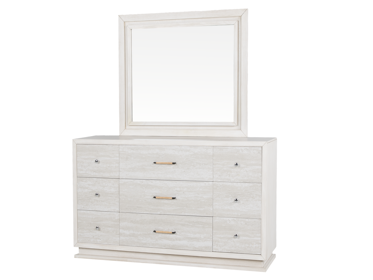 Modern White 6-Piece Storage Bedroom Set with Gray Upholstered Headboard & LED Lighting