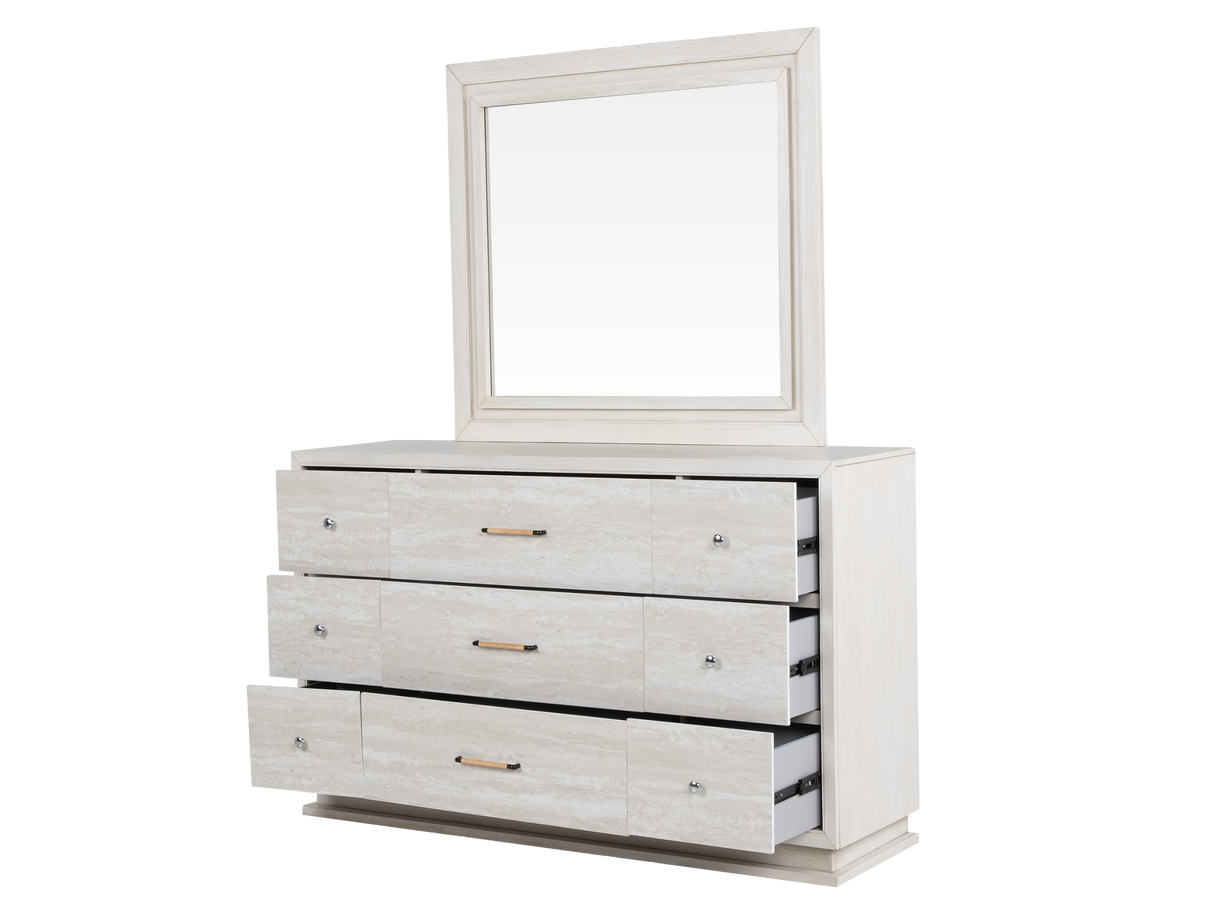 Modern White 6-Piece Storage Bedroom Set with Gray Upholstered Headboard & LED Lighting
