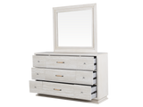 Modern White 6-Piece Storage Bedroom Set with Gray Upholstered Headboard & LED Lighting