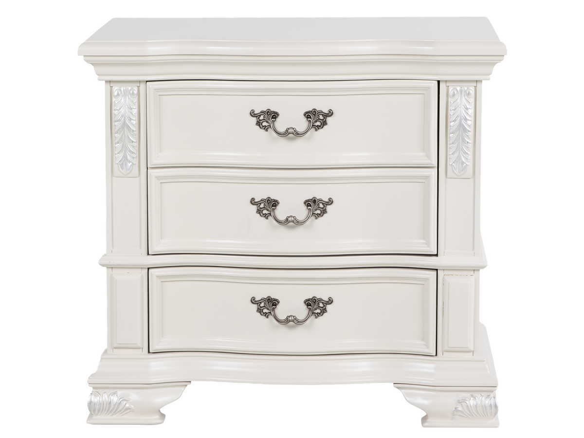 White Ornate Carved 3-Drawer Nightstand with Antique Hardware