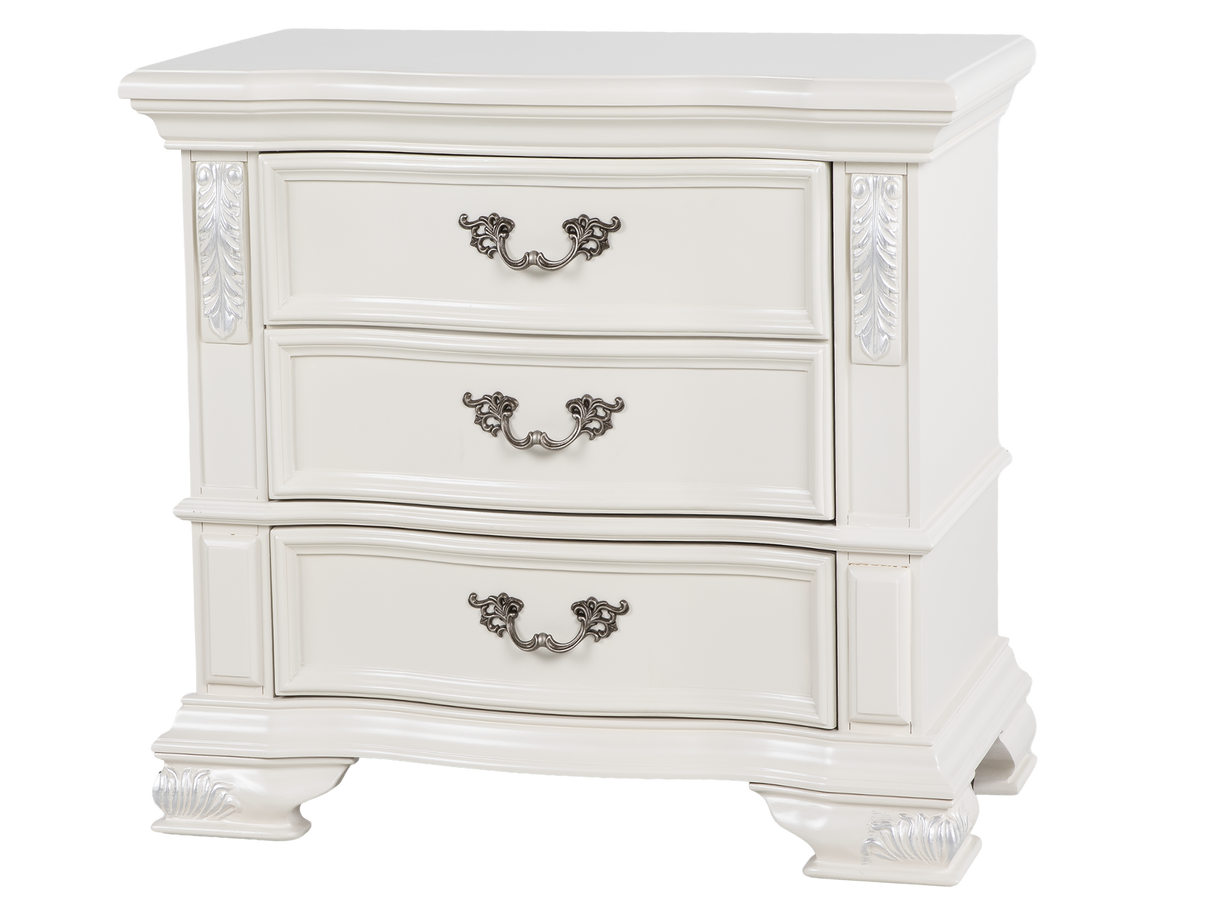 White Ornate Tufted Upholstered 6-Piece Bedroom Set with Dresser, Mirror & Nightstand