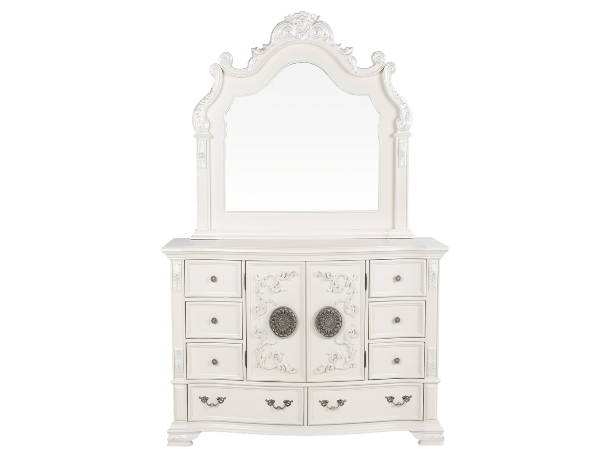 White Ornate Tufted Upholstered 6-Piece Bedroom Set with Dresser, Mirror & Nightstand
