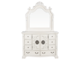 White Ornate Tufted Upholstered 6-Piece Bedroom Set with Dresser, Mirror & Nightstand