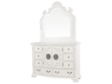 White Ornate Tufted Upholstered 6-Piece Bedroom Set with Dresser, Mirror & Nightstand