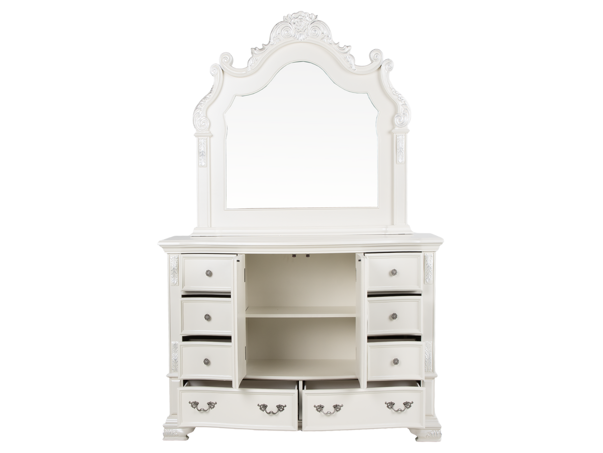 White Ornate Tufted Upholstered 6-Piece Bedroom Set with Dresser, Mirror & Nightstand