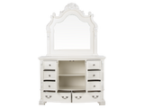 White Ornate Tufted Upholstered 6-Piece Bedroom Set with Dresser, Mirror & Nightstand