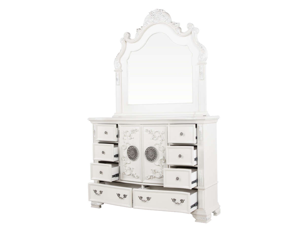 White Ornate Tufted Upholstered 6-Piece Bedroom Set with Dresser, Mirror & Nightstand