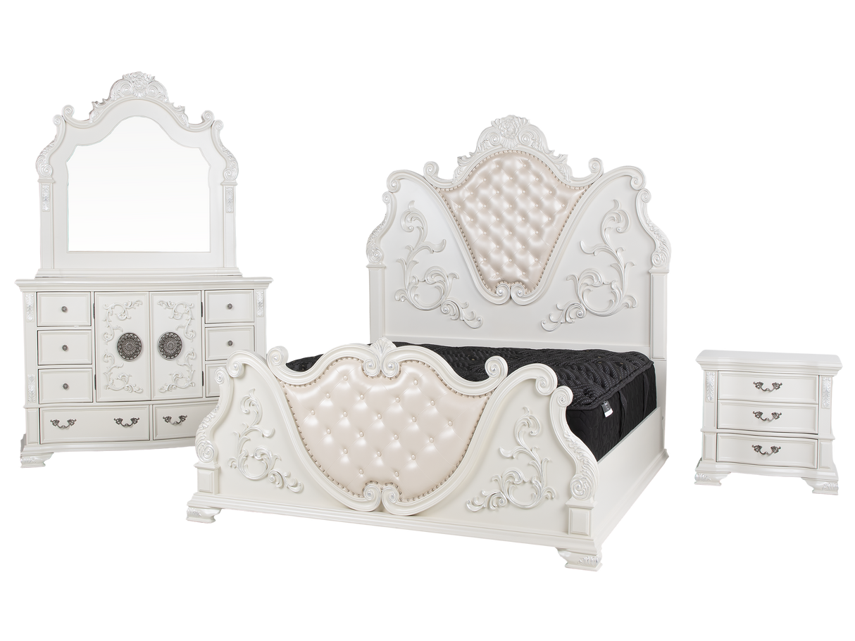 White Ornate Tufted Upholstered 6-Piece Bedroom Set with Dresser, Mirror & Nightstand