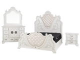 White Ornate Tufted Upholstered 6-Piece Bedroom Set with Dresser, Mirror & Nightstand