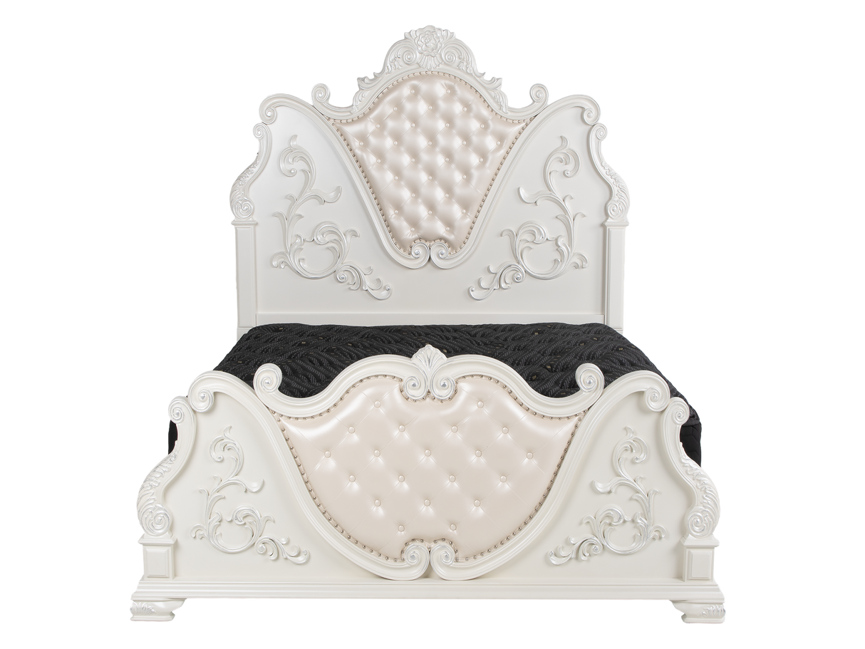 White Ornate Tufted Upholstered 6-Piece Bedroom Set with Dresser, Mirror & Nightstand