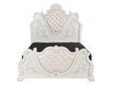 White Ornate Tufted Upholstered 6-Piece Bedroom Set with Dresser, Mirror & Nightstand