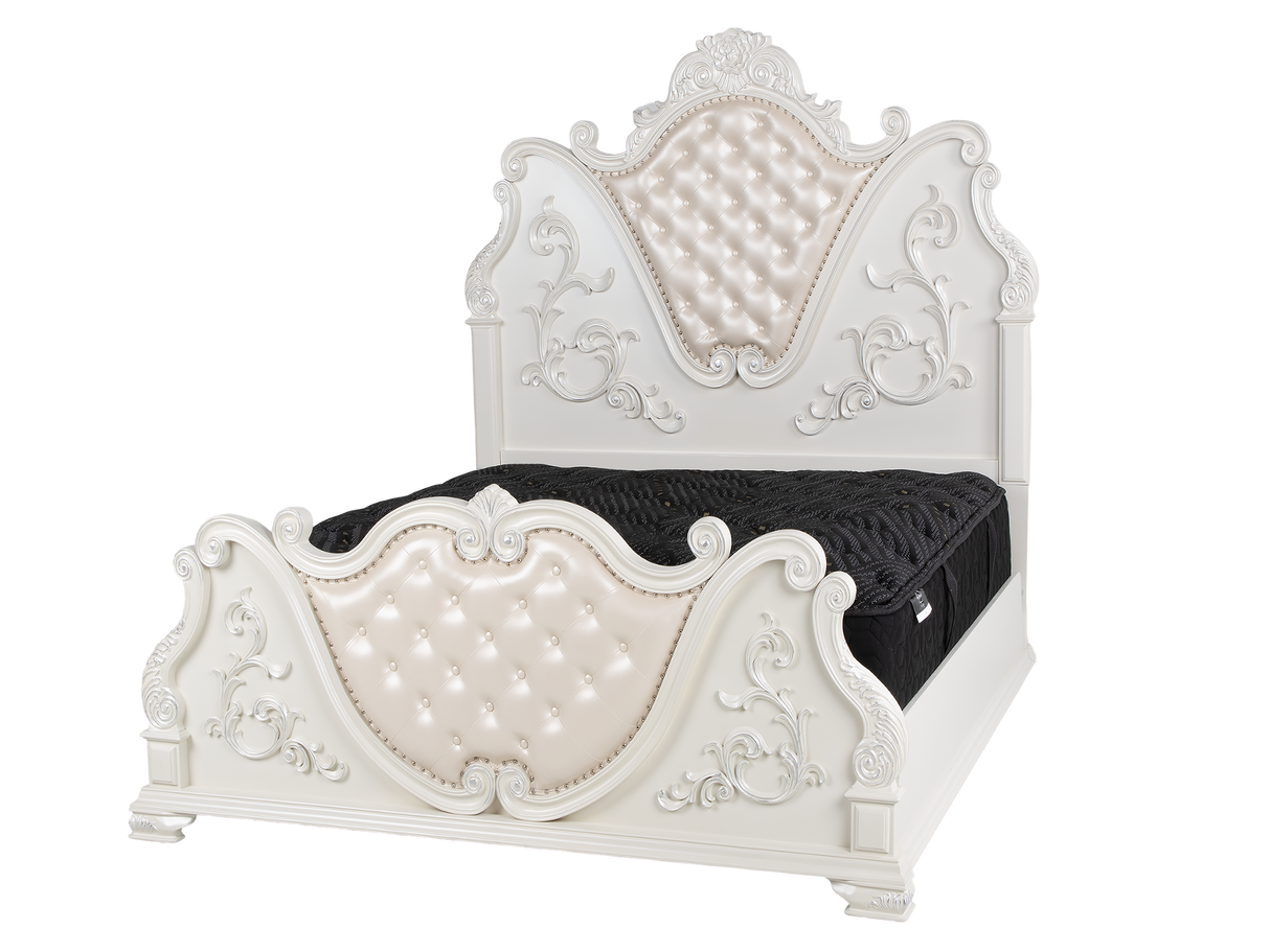 White Ornate Tufted Upholstered 6-Piece Bedroom Set with Dresser, Mirror & Nightstand