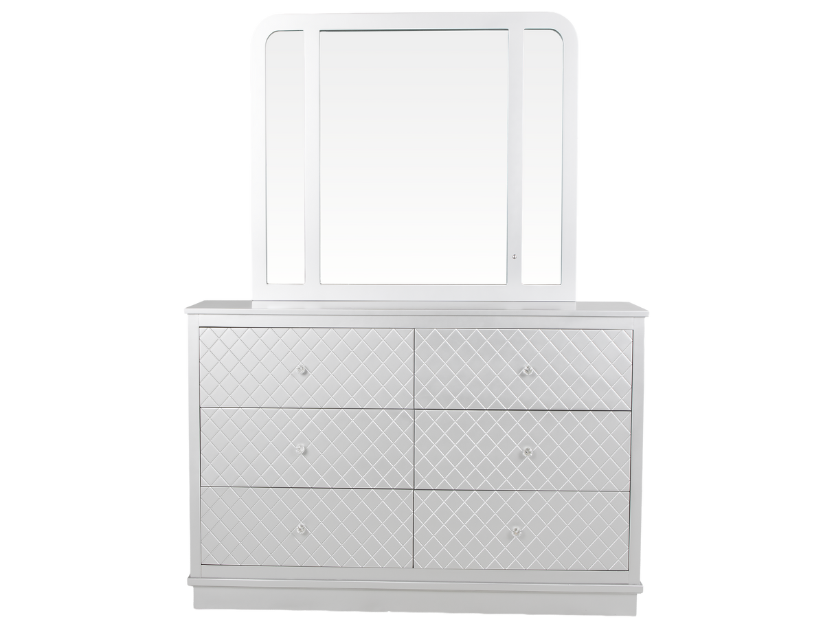 Silver LED Upholstered Panel 6-Piece Bedroom Set with Checkered Drawer Design
