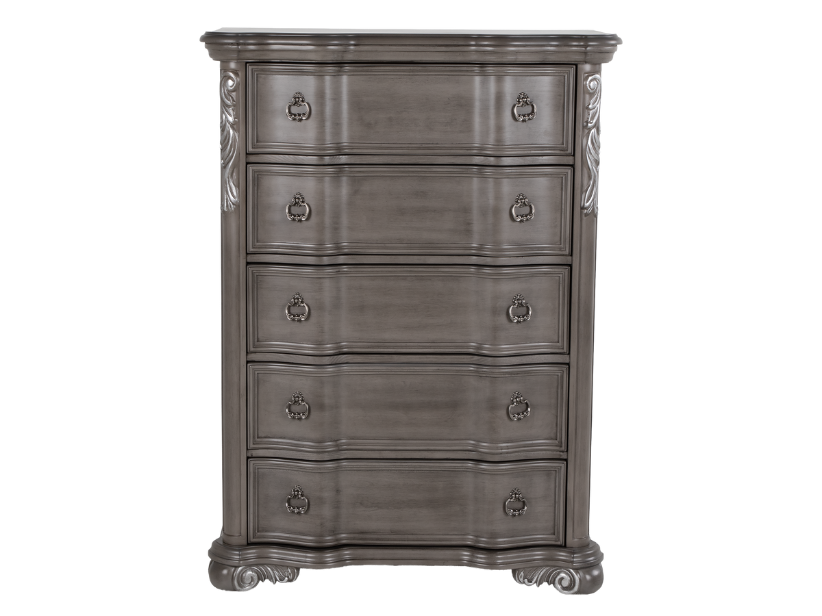 Gray Ornate Carved 5-Drawer Bedroom Chest with Marble Insert Top