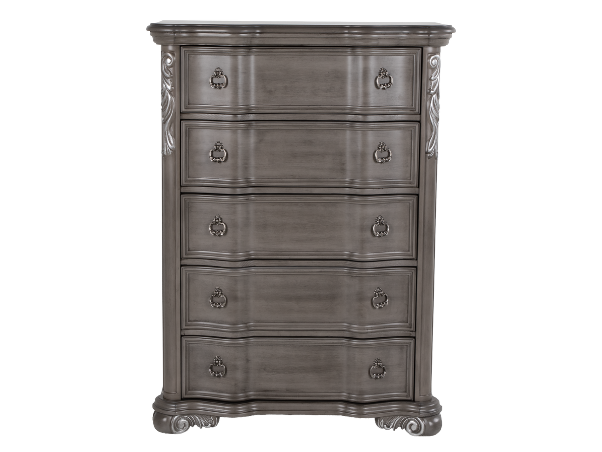 Gray Ornate Carved 5-Drawer Bedroom Chest with Marble Insert Top