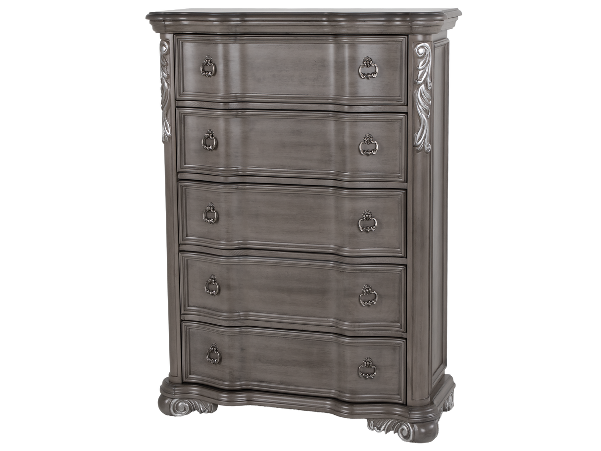 Gray Ornate Carved 5-Drawer Bedroom Chest with Marble Insert Top