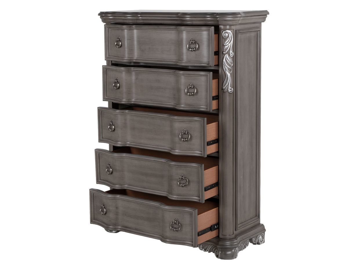 Gray Ornate Carved 5-Drawer Bedroom Chest with Marble Insert Top