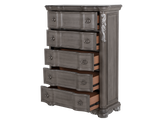 Gray Ornate Carved 5-Drawer Bedroom Chest with Marble Insert Top