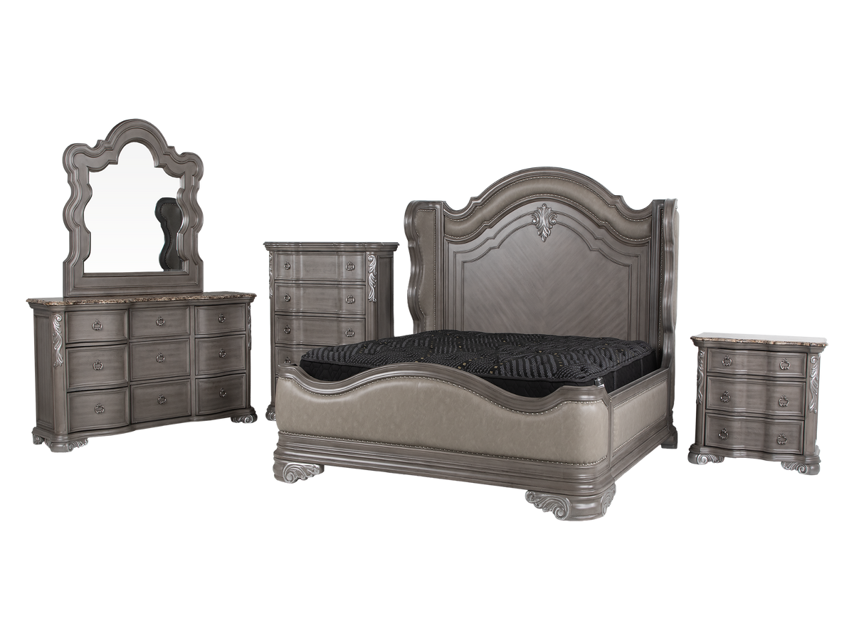 Gray Marble Top Upholstered Panel 6-Piece Bedroom Set with Dresser, Mirror & Nightstand