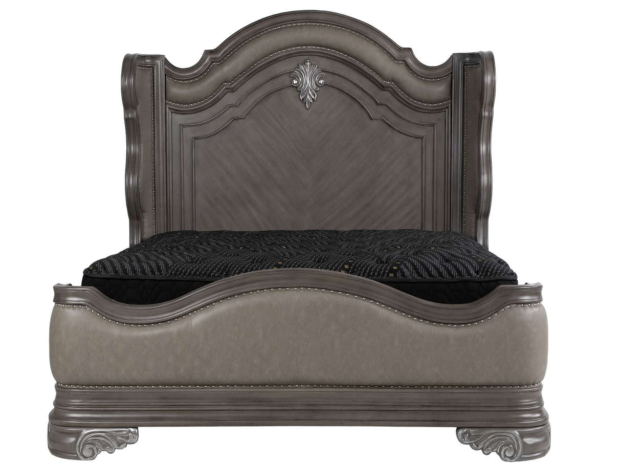 Gray Marble Top Upholstered Panel 6-Piece Bedroom Set with Dresser, Mirror & Nightstand