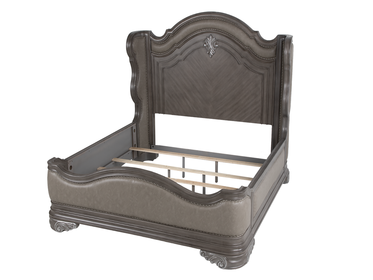 Gray Marble Top Upholstered Panel 6-Piece Bedroom Set with Dresser, Mirror & Nightstand