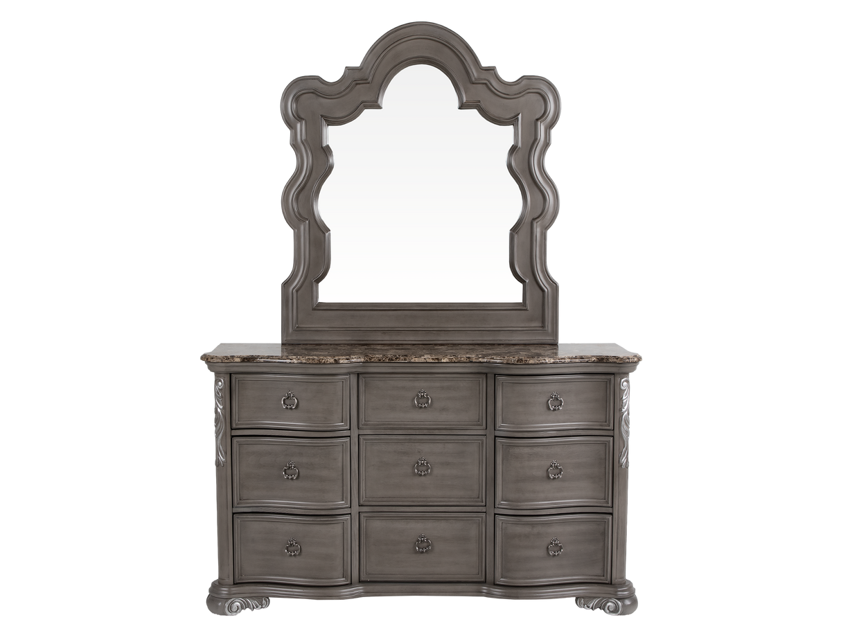 Gray Marble Top Upholstered Panel 6-Piece Bedroom Set with Dresser, Mirror & Nightstand