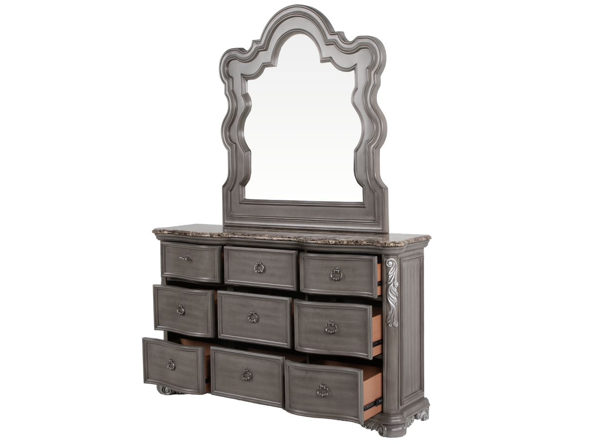 Gray Marble Top Upholstered Panel 6-Piece Bedroom Set with Dresser, Mirror & Nightstand