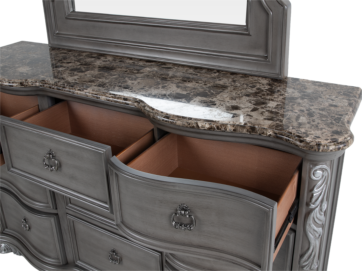Gray Marble Top Upholstered Panel 6-Piece Bedroom Set with Dresser, Mirror & Nightstand