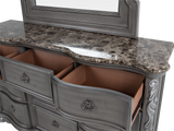 Gray Marble Top Upholstered Panel 6-Piece Bedroom Set with Dresser, Mirror & Nightstand