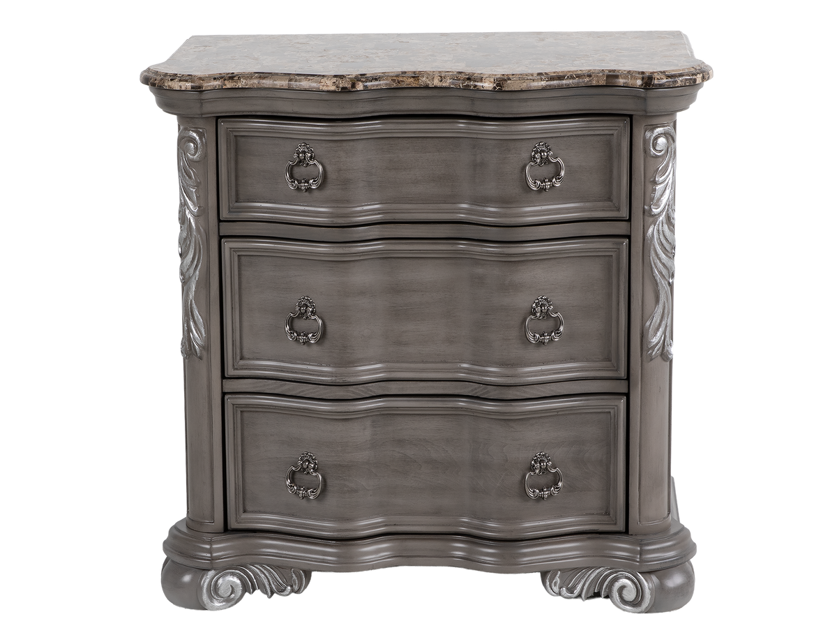 Gray Ornate Marble Top 3-Drawer Nightstand with Metal Hardware