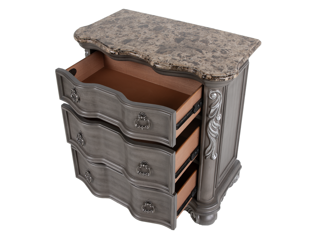 Gray Marble Top Upholstered Panel 6-Piece Bedroom Set with Dresser, Mirror & Nightstand
