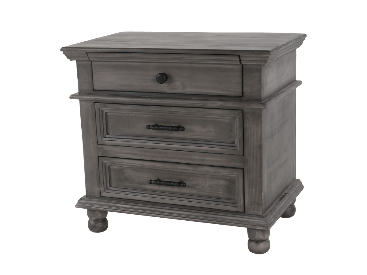 Weathered Gray Farmhouse Nightstand with 3 Drawers & Turned Feet