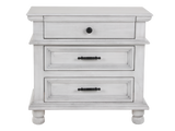 Distressed White Farmhouse Nightstand with 3 Drawers & Black Hardware