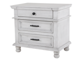Distressed White Farmhouse Nightstand with 3 Drawers & Black Hardware