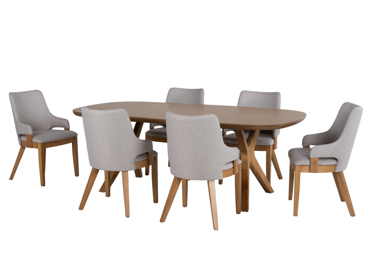 Oak Sculptural Trestle 7-Piece Dining Set with Latte Upholstered Chairs