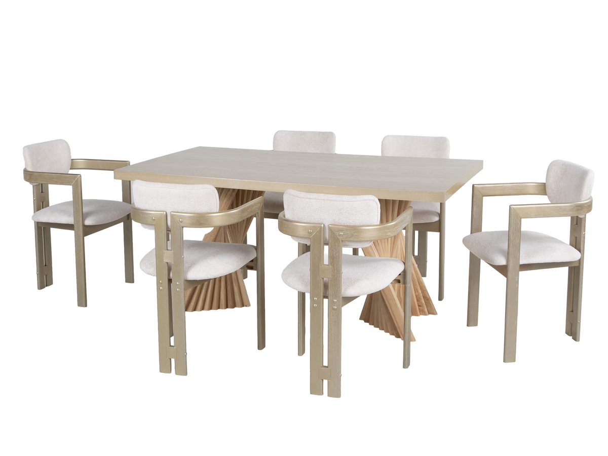 Gold & Natural Modern Sculptural Pedestal Dining Room Set with Upholstered Chairs