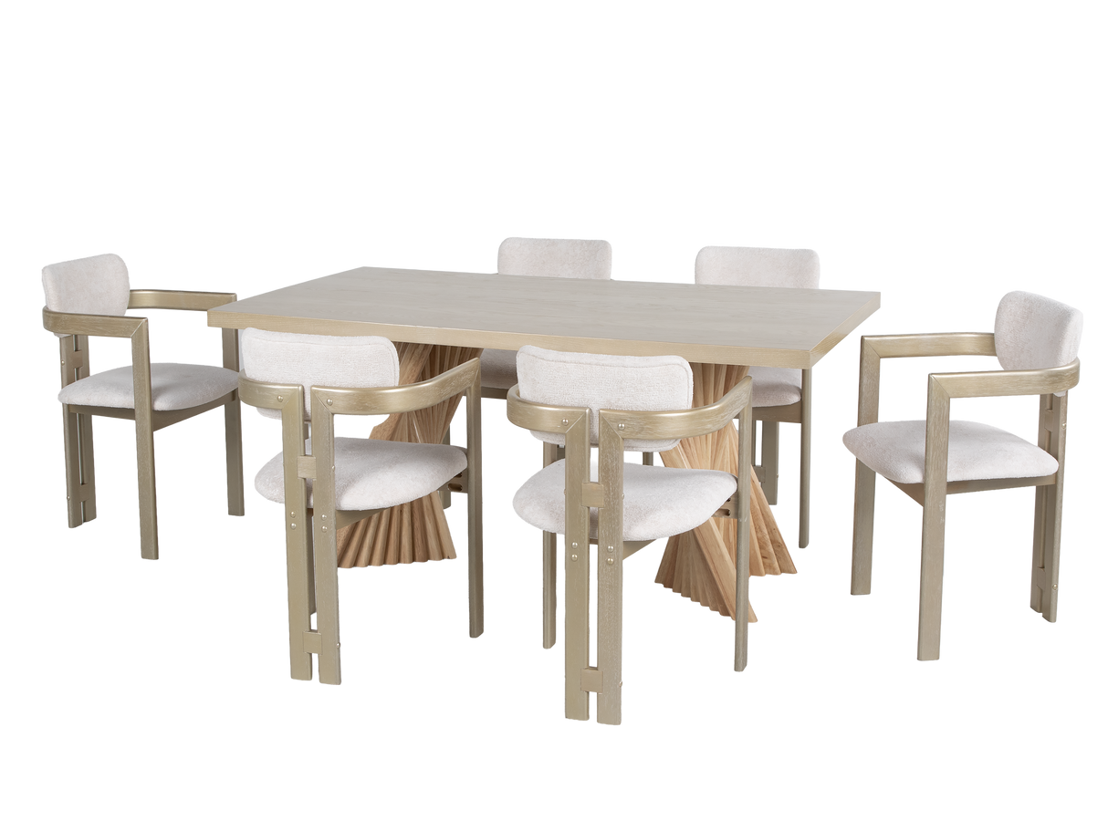 Gold & Natural Modern Sculptural Pedestal Dining Room Set with Upholstered Chairs