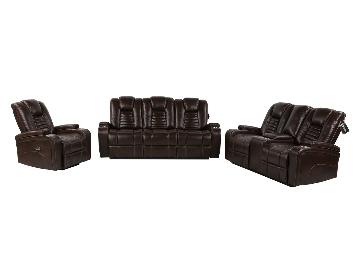 Dark Brown 3-Piece Living Room Set with Power Headrests, LED Lighting, Cup Holders & Storage