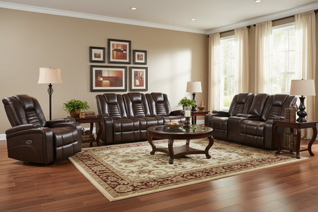 Living room with brown leather recliner sofa set, coffee table, and decorative elements.