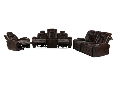 Brown leather reclining sofa set on a white background